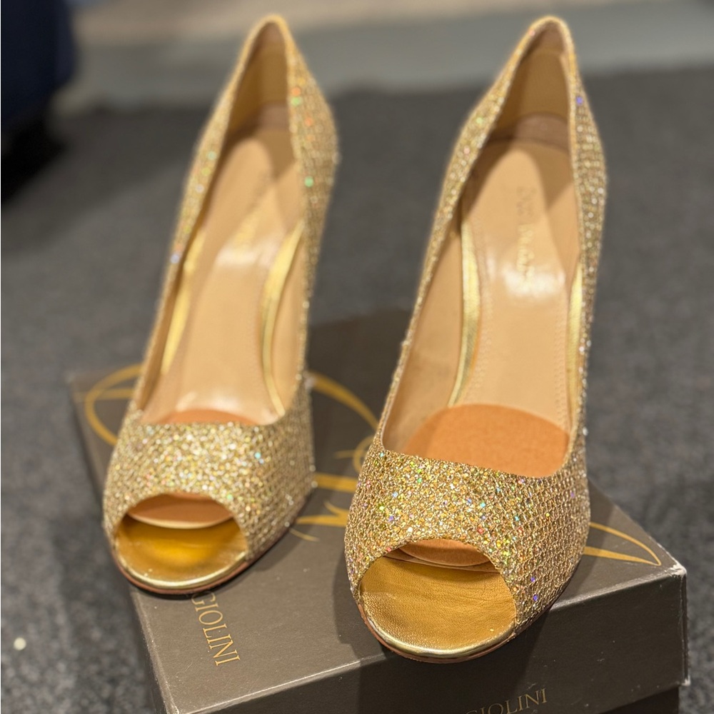 Enzo Angiolini Sparkling Gold Peep-Toe Heels